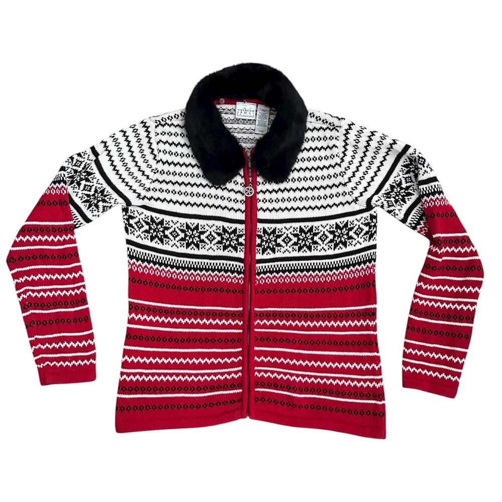 Vtg Villager Sport Petite M Fair Isle Sweater Faux Fur Collar Full Zip Holiday